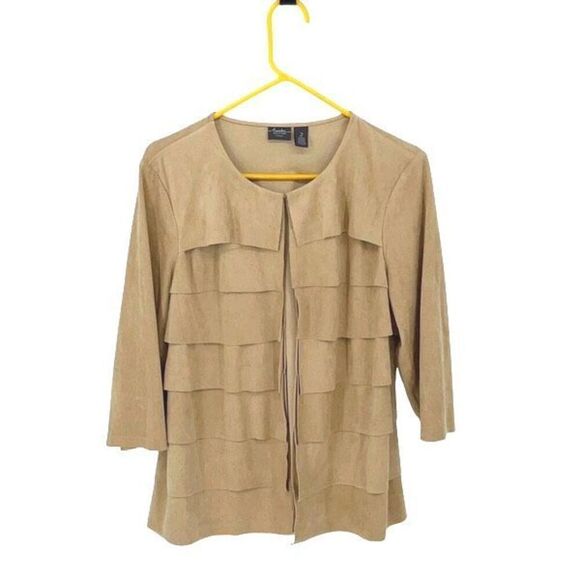Travelers Collection By Chico's Womens Faux Suede Tiered Jacket Tan Size 2 Large - Picture 2 of 11